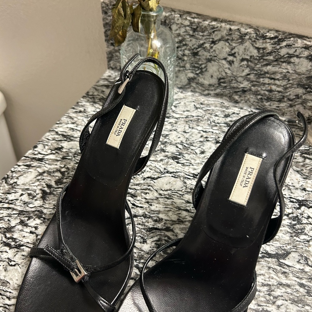 Prada Black Stiletto Sandals with Metallic Detail